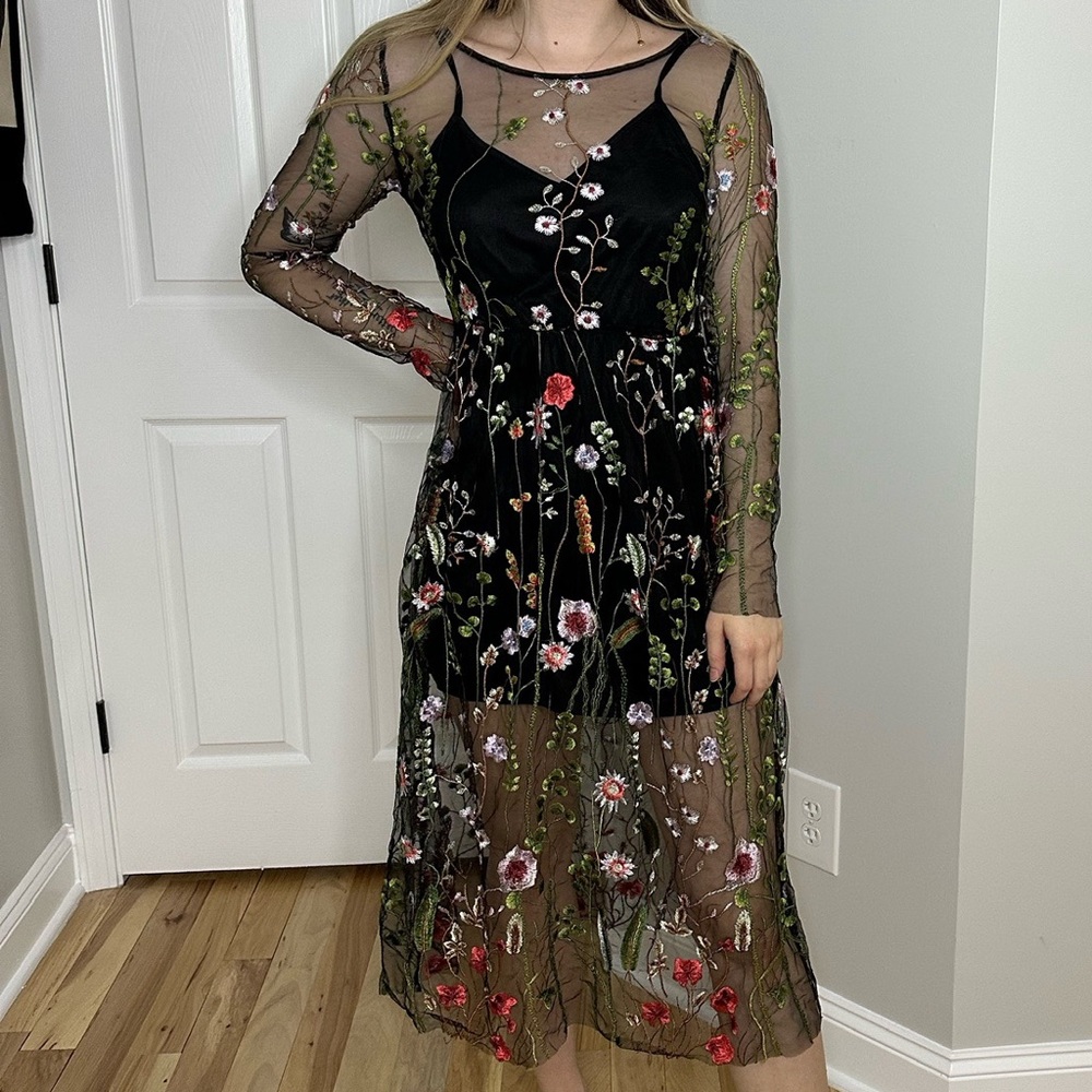 Embroidered Black Floral Dress